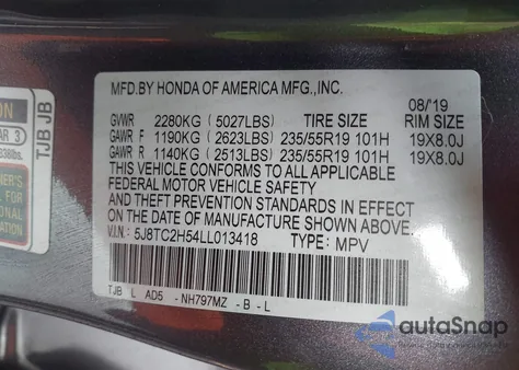 2020 Acura Rdx Technology z USA, uszkodzony, nr VIN 5J8TC2H54LL013418